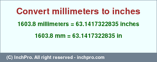 Result converting 1603.8 millimeters to inches = 63.1417322835 inches