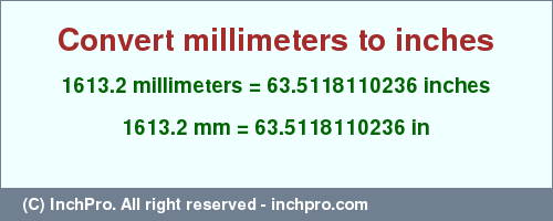 Result converting 1613.2 millimeters to inches = 63.5118110236 inches