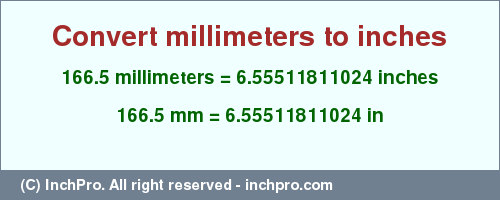 Result converting 166.5 millimeters to inches = 6.55511811024 inches