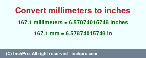 Result converting 167.1 millimeters to inches = 6.57874015748 inches