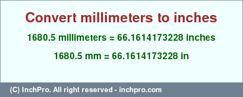 Result converting 1680.5 millimeters to inches = 66.1614173228 inches