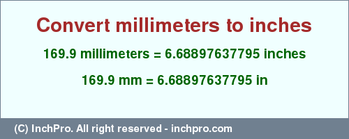 Result converting 169.9 millimeters to inches = 6.68897637795 inches