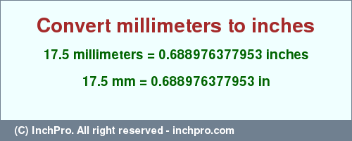 Result converting 17.5 millimeters to inches = 0.688976377953 inches