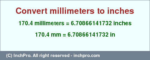 Result converting 170.4 millimeters to inches = 6.70866141732 inches