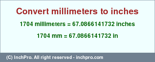 Result converting 1704 millimeters to inches = 67.0866141732 inches
