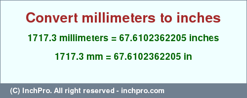Result converting 1717.3 millimeters to inches = 67.6102362205 inches