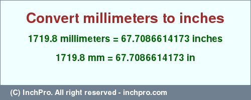 Result converting 1719.8 millimeters to inches = 67.7086614173 inches