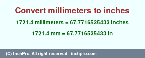 Result converting 1721.4 millimeters to inches = 67.7716535433 inches