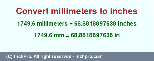 Result converting 1749.6 millimeters to inches = 68.8818897638 inches