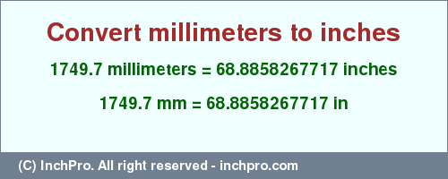 Result converting 1749.7 millimeters to inches = 68.8858267717 inches