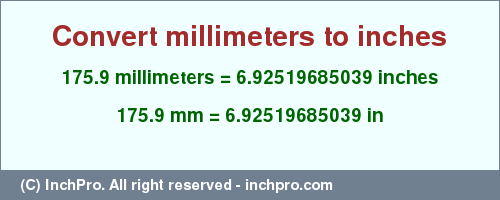 Result converting 175.9 millimeters to inches = 6.92519685039 inches