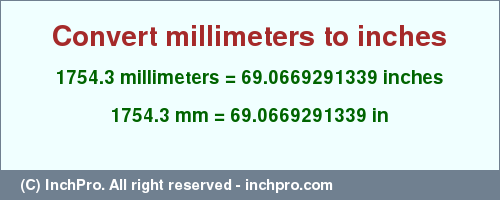 Result converting 1754.3 millimeters to inches = 69.0669291339 inches