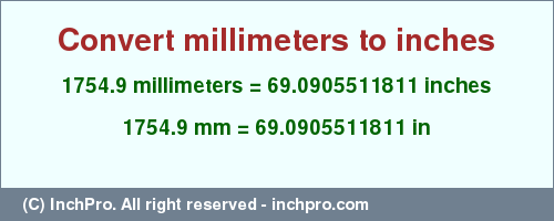 Result converting 1754.9 millimeters to inches = 69.0905511811 inches