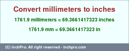 Result converting 1761.9 millimeters to inches = 69.3661417323 inches