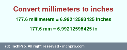 Result converting 177.6 millimeters to inches = 6.99212598425 inches