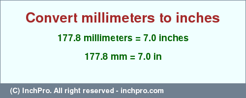 Result converting 177.8 millimeters to inches = 7.0 inches