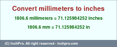 Result converting 1806.6 millimeters to inches = 71.125984252 inches