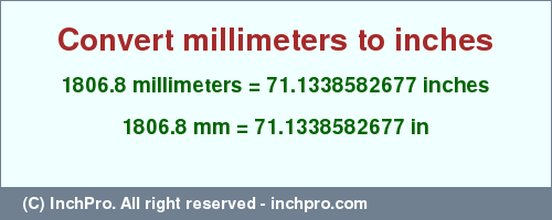 Result converting 1806.8 millimeters to inches = 71.1338582677 inches