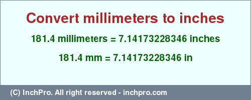 Result converting 181.4 millimeters to inches = 7.14173228346 inches