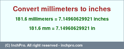 Result converting 181.6 millimeters to inches = 7.14960629921 inches