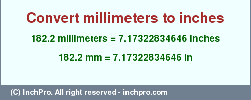 Result converting 182.2 millimeters to inches = 7.17322834646 inches