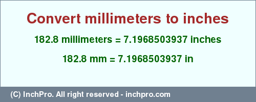 Result converting 182.8 millimeters to inches = 7.1968503937 inches