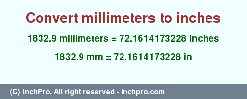 Result converting 1832.9 millimeters to inches = 72.1614173228 inches
