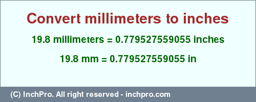 Result converting 19.8 millimeters to inches = 0.779527559055 inches