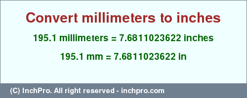 Result converting 195.1 millimeters to inches = 7.6811023622 inches