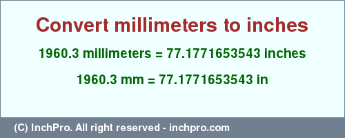 Result converting 1960.3 millimeters to inches = 77.1771653543 inches