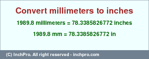 Result converting 1989.8 millimeters to inches = 78.3385826772 inches