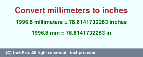 Result converting 1996.8 millimeters to inches = 78.6141732283 inches