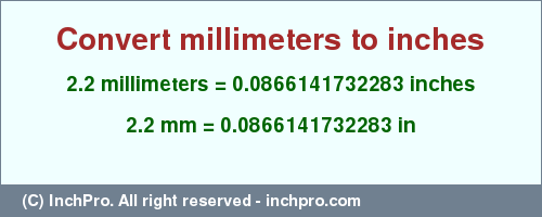 Result converting 2.2 millimeters to inches = 0.0866141732283 inches