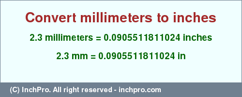 Result converting 2.3 millimeters to inches = 0.0905511811024 inches