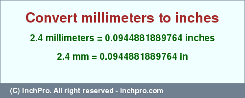 Result converting 2.4 millimeters to inches = 0.0944881889764 inches