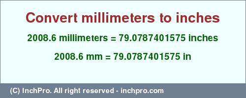 Result converting 2008.6 millimeters to inches = 79.0787401575 inches