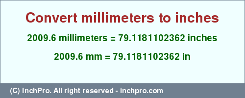 Result converting 2009.6 millimeters to inches = 79.1181102362 inches