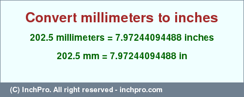 Result converting 202.5 millimeters to inches = 7.97244094488 inches