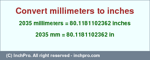 Result converting 2035 millimeters to inches = 80.1181102362 inches
