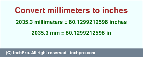 Result converting 2035.3 millimeters to inches = 80.1299212598 inches