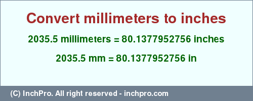 Result converting 2035.5 millimeters to inches = 80.1377952756 inches