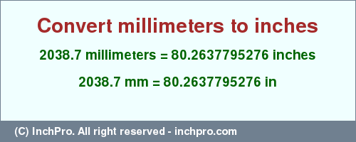 Result converting 2038.7 millimeters to inches = 80.2637795276 inches