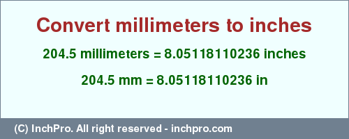 Result converting 204.5 millimeters to inches = 8.05118110236 inches