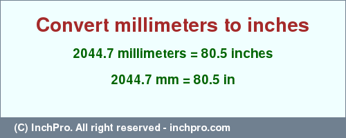 Result converting 2044.7 millimeters to inches = 80.5 inches