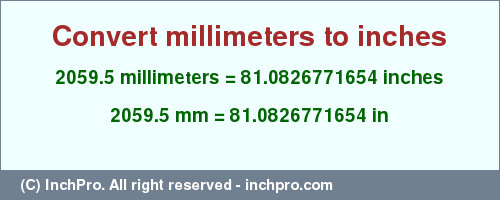 Result converting 2059.5 millimeters to inches = 81.0826771654 inches