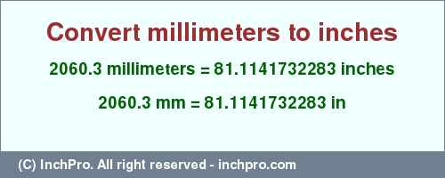 Result converting 2060.3 millimeters to inches = 81.1141732283 inches