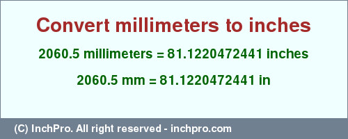 Result converting 2060.5 millimeters to inches = 81.1220472441 inches