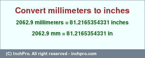 Result converting 2062.9 millimeters to inches = 81.2165354331 inches