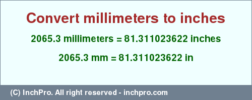Result converting 2065.3 millimeters to inches = 81.311023622 inches