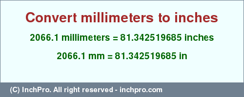 Result converting 2066.1 millimeters to inches = 81.342519685 inches